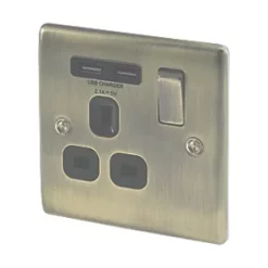 British General Nexus Metal 13A 1-Gang SP Switched Socket + 2.1A 2-Outlet Type A USB Charger Antique Brass with Black Inserts