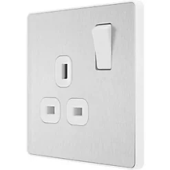 British General Evolve 13A 1-Gang SP Switched Socket Brushed Steel with White Inserts