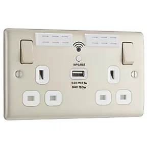 British General Nexus Metal 13A 2-Gang SP Switched Double Socket With WiFi Extender + 2.1A 1-Outlet Type A USB Charger Pearl Nickel with White Inserts 2 British General Nexus Metal 13A 2-Gang SP Switched Double Socket With WiFi Extender + 2.1A 1-Outlet Type A USB Charger Pearl Nickel with White Inserts - Image 2