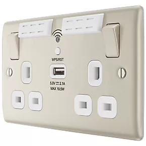 British General Nexus Metal 13A 2-Gang SP Switched Double Socket With WiFi Extender + 2.1A 1-Outlet Type A USB Charger Pearl Nickel with White Inserts 1 British General Nexus Metal 13A 2-Gang SP Switched Double Socket With WiFi Extender + 2.1A 1-Outlet Type A USB Charger Pearl Nickel with White Inserts