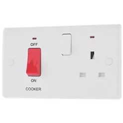 British General 800 Series 45A 2-Gang DP Cooker Switch & 13A DP Switched Socket White with LED