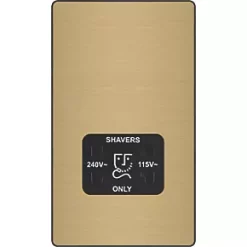 British General Evolve 2-Gang Dual Voltage Shaver Socket 115/240V Satin Brass with Black Inserts -British General Switches & Sockets Store 142RF A2