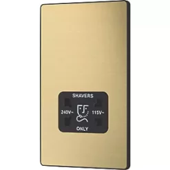 British General Evolve 2-Gang Dual Voltage Shaver Socket 115/240V Satin Brass with Black Inserts -British General Switches & Sockets Store 142RF A3