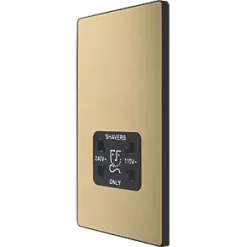 British General Evolve 2-Gang Dual Voltage Shaver Socket 115/240V Satin Brass with Black Inserts
