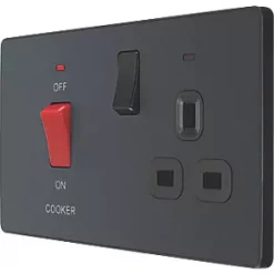 British General Evolve 45A 2-Gang 2-Pole Cooker Switch & 13A DP Switched Socket Grey with LED with Black Inserts