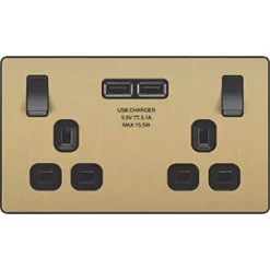 British General Evolve 13A 2-Gang SP Switched Socket + 3.1A 2-Outlet Type A USB Charger Satin Brass with Black Inserts -British General Switches & Sockets Store 182RF A2