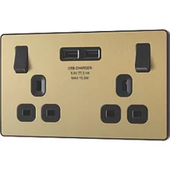 British General Evolve 13A 2-Gang SP Switched Socket + 3.1A 2-Outlet Type A USB Charger Satin Brass with Black Inserts -British General Switches & Sockets Store 182RF A3