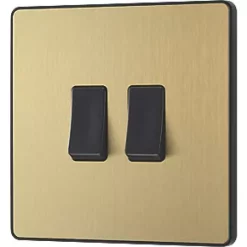 British General Evolve 20 A 16AX 2-Gang 2-Way Wide Rocker Light Switch Satin Brass with Black Inserts -British General Switches & Sockets Store 189PY A3