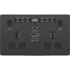 British General Evolve 13A 2-Gang SP Switched Double Socket With WiFi Extender + 2.1A 1-Outlet Type A USB Charger Black with Black Inserts -British General Switches & Sockets Store 190RF A2