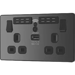 British General Evolve 13A 2-Gang SP Switched Double Socket With WiFi Extender + 2.1A 1-Outlet Type A USB Charger Black with Black Inserts -British General Switches & Sockets Store 190RF A3