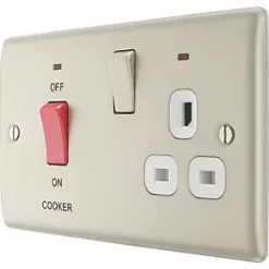 British General Nexus Metal 45A 2-Gang 2-Pole Cooker Switch & 13A DP Switched Socket Pearl Nickel with LED with White Inserts
