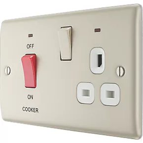 British General Nexus Metal 45A 2-Gang 2-Pole Cooker Switch & 13A DP Switched Socket Pearl Nickel with LED with White Inserts 1 British General Nexus Metal 45A 2-Gang 2-Pole Cooker Switch & 13A DP Switched Socket Pearl Nickel with LED with White Inserts