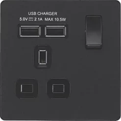 British General Evolve 13A 1-Gang SP Switched Socket + 2.1A 2-Outlet Type A USB Charger Matt Black with Black Inserts -British General Switches & Sockets Store 204RF A2