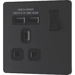 British General Evolve 13A 1-Gang SP Switched Socket + 2.1A 2-Outlet Type A USB Charger Matt Black with Black Inserts -British General Switches & Sockets Store 204RF A3