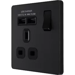 British General Evolve 13A 1-Gang SP Switched Socket + 2.1A 2-Outlet Type A USB Charger Matt Black with Black Inserts
