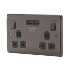 British General Nexus Metal 13A 2-Gang SP Switched Socket + 3.1A 2-Outlet Type A USB Charger Black Nickel with Black Inserts