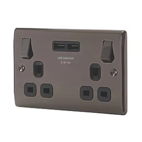 British General Nexus Metal 13A 2-Gang SP Switched Socket + 3.1A 2-Outlet Type A USB Charger Black Nickel with Black Inserts 1 British General Nexus Metal 13A 2-Gang SP Switched Socket + 3.1A 2-Outlet Type A USB Charger Black Nickel with Black Inserts