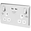 British General Nexus Metal 13A 2-Gang SP Switched Socket + 3.1A 2-Outlet Type A USB Charger Polished Chrome with White Inserts