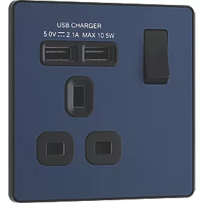 British General Evolve 13A 1-Gang SP Switched Socket + 2.1A 2-Outlet Type A USB Charger Blue with Black Inserts 2 British General Evolve 13A 1-Gang SP Switched Socket + 2.1A 2-Outlet Type A USB Charger Blue with Black Inserts - Image 2