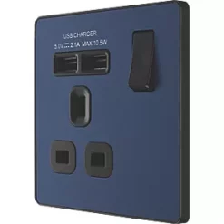 British General Evolve 13A 1-Gang SP Switched Socket + 2.1A 2-Outlet Type A USB Charger Blue with Black Inserts