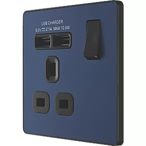 British General Evolve 13A 1-Gang SP Switched Socket + 2.1A 2-Outlet Type A USB Charger Blue with Black Inserts 1 British General Evolve 13A 1-Gang SP Switched Socket + 2.1A 2-Outlet Type A USB Charger Blue with Black Inserts