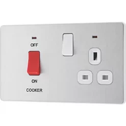 British General Evolve 45A 2-Gang 2-Pole Cooker Switch & 13A DP Switched Socket Brushed Steel with LED with White Inserts -British General Switches & Sockets Store 255PX A3