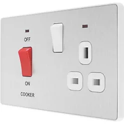 British General Evolve 45A 2-Gang 2-Pole Cooker Switch & 13A DP Switched Socket Brushed Steel with LED with White Inserts -British General Switches & Sockets Store 255PX A4