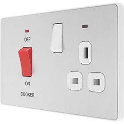 British General Evolve 45A 2-Gang 2-Pole Cooker Switch & 13A DP Switched Socket Brushed Steel with LED with White Inserts
