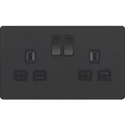 British General Evolve 13A 2-Gang SP Switched Socket Matt Black with Black Inserts -British General Switches & Sockets Store 275RF A2