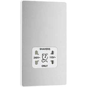 British General Evolve 2-Gang Dual Voltage Shaver Socket 115/240V Brushed Steel with White Inserts 2 British General Evolve 2-Gang Dual Voltage Shaver Socket 115/240V Brushed Steel with White Inserts - Image 2