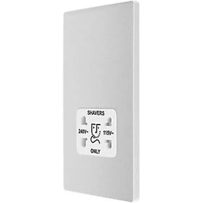 British General Evolve 2-Gang Dual Voltage Shaver Socket 115/240V Brushed Steel with White Inserts 1 British General Evolve 2-Gang Dual Voltage Shaver Socket 115/240V Brushed Steel with White Inserts