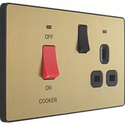 British General Evolve 45A 2-Gang 2-Pole Cooker Switch & 13A DP Switched Socket Satin Brass with LED with Black Inserts -British General Switches & Sockets Store 288PX A2