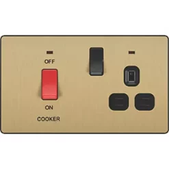 British General Evolve 45A 2-Gang 2-Pole Cooker Switch & 13A DP Switched Socket Satin Brass with LED with Black Inserts -British General Switches & Sockets Store 288PX A3