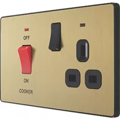 British General Evolve 45A 2-Gang 2-Pole Cooker Switch & 13A DP Switched Socket Satin Brass with LED with Black Inserts