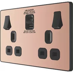 British General Evolve 13A 2-Gang SP Switched Socket + 3A 2-Outlet Type A & C USB Charger Copper with Black Inserts