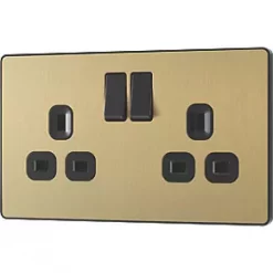 British General Evolve 13A 2-Gang SP Switched Socket Satin Brass with Black Inserts -British General Switches & Sockets Store 311RF A3