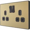 British General Evolve 13A 2-Gang SP Switched Socket Satin Brass with Black Inserts
