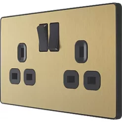British General Evolve 13A 2-Gang SP Switched Socket Satin Brass with Black Inserts