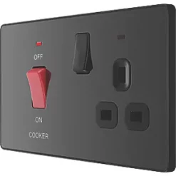 British General Evolve 45A 2-Gang 2-Pole Cooker Switch & 13A DP Switched Socket Black with LED with Black Inserts