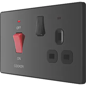 British General Evolve 45A 2-Gang 2-Pole Cooker Switch & 13A DP Switched Socket Black with LED with Black Inserts 1 British General Evolve 45A 2-Gang 2-Pole Cooker Switch & 13A DP Switched Socket Black with LED with Black Inserts