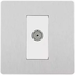 British General Evolve Coaxial TV / FM Socket Brushed Steel with White Inserts -British General Switches & Sockets Store 334RF A2