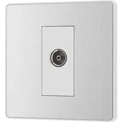 British General Evolve Coaxial TV / FM Socket Brushed Steel with White Inserts -British General Switches & Sockets Store 334RF A3