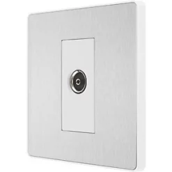 British General Evolve Coaxial TV / FM Socket Brushed Steel with White Inserts
