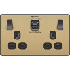 British General Evolve 13A 2-Gang SP Switched Socket + 3A 2-Outlet Type A & C USB Charger Satin Brass with Black Inserts -British General Switches & Sockets Store 340RF A2