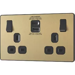 British General Evolve 13A 2-Gang SP Switched Socket + 3A 2-Outlet Type A & C USB Charger Satin Brass with Black Inserts -British General Switches & Sockets Store 340RF A3