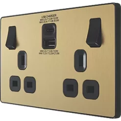 British General Evolve 13A 2-Gang SP Switched Socket + 3A 2-Outlet Type A & C USB Charger Satin Brass with Black Inserts