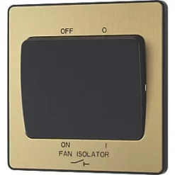 British General Evolve 10A 1-Gang 3-Pole Fan Isolator Switch Satin Brass with Black Inserts