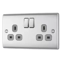 British General Nexus Metal 13A 2-Gang SP Switched Plug Socket Brushed Steel with Graphite Inserts