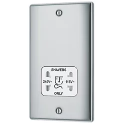 British General Nexus Metal 2-Gang Dual Voltage Shaver Socket 115 / 240V Polished Chrome with White Inserts