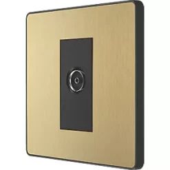 British General Evolve Coaxial TV / FM Socket Satin Brass with Black Inserts